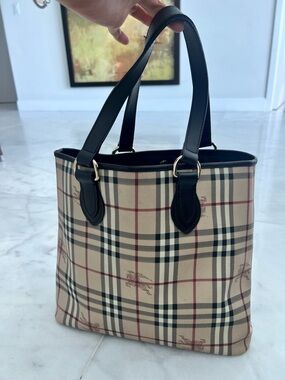 Burberry Beige Check Tote with Black Leather Handles